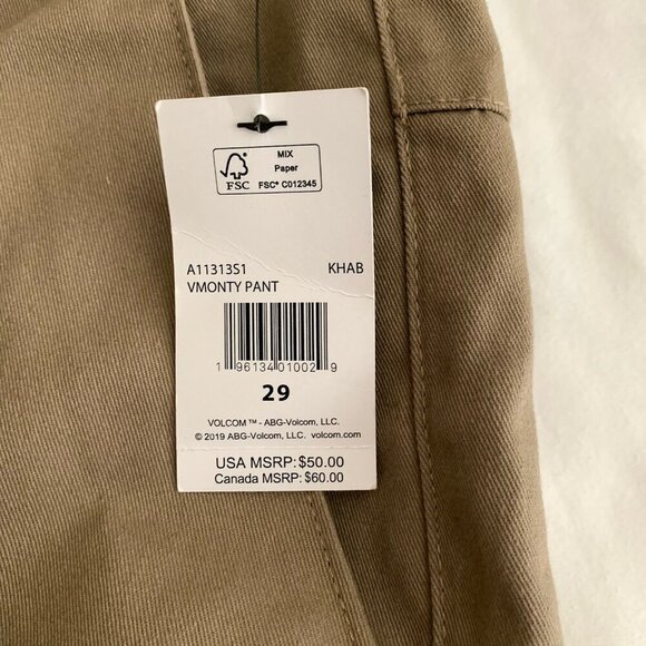 Volcom Men's Tan Khaki Vmonty Chino Pants Size 29 Flat Front NWT - Picture 10 of 11